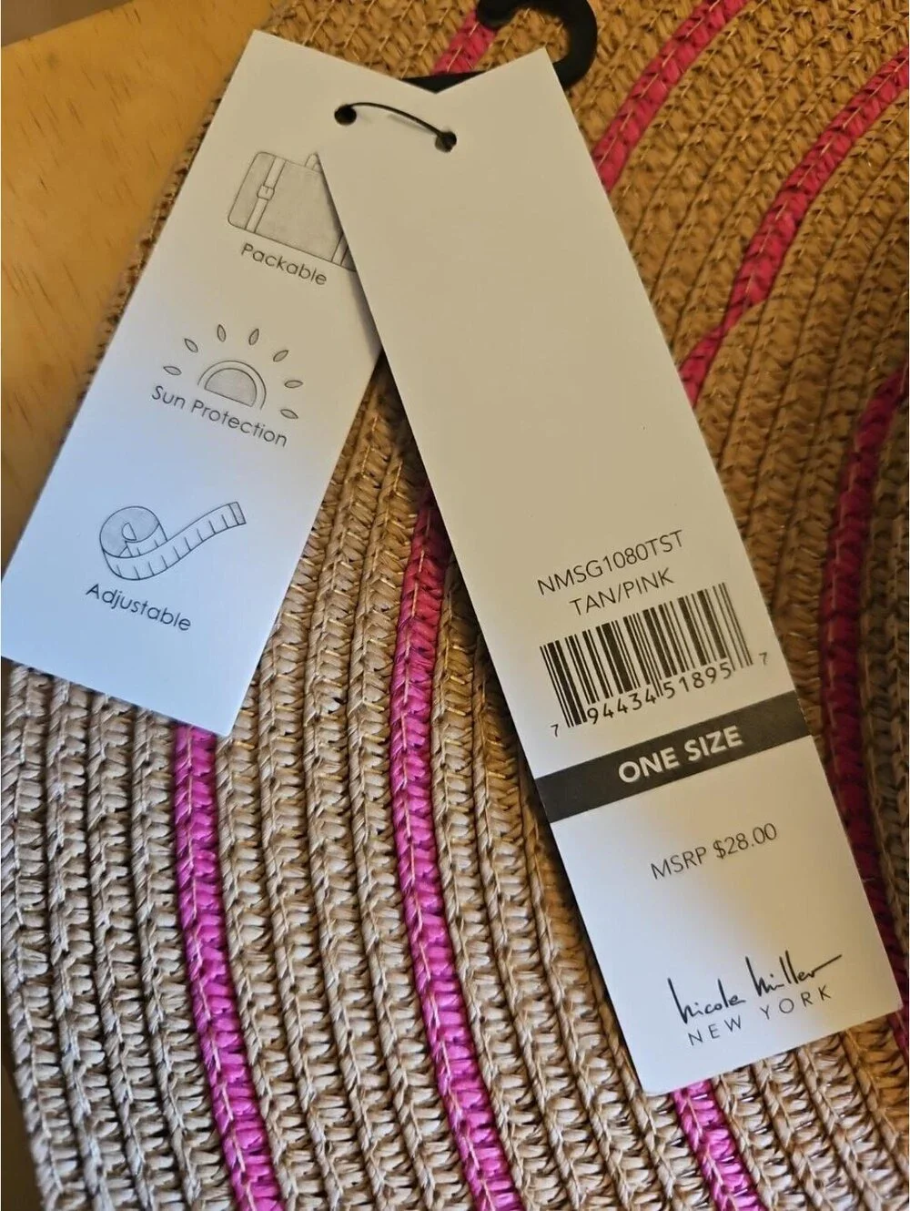 Nicole Miller New York Sun Hat Womens Tan Pink Wide Brim Packable NWT One Size